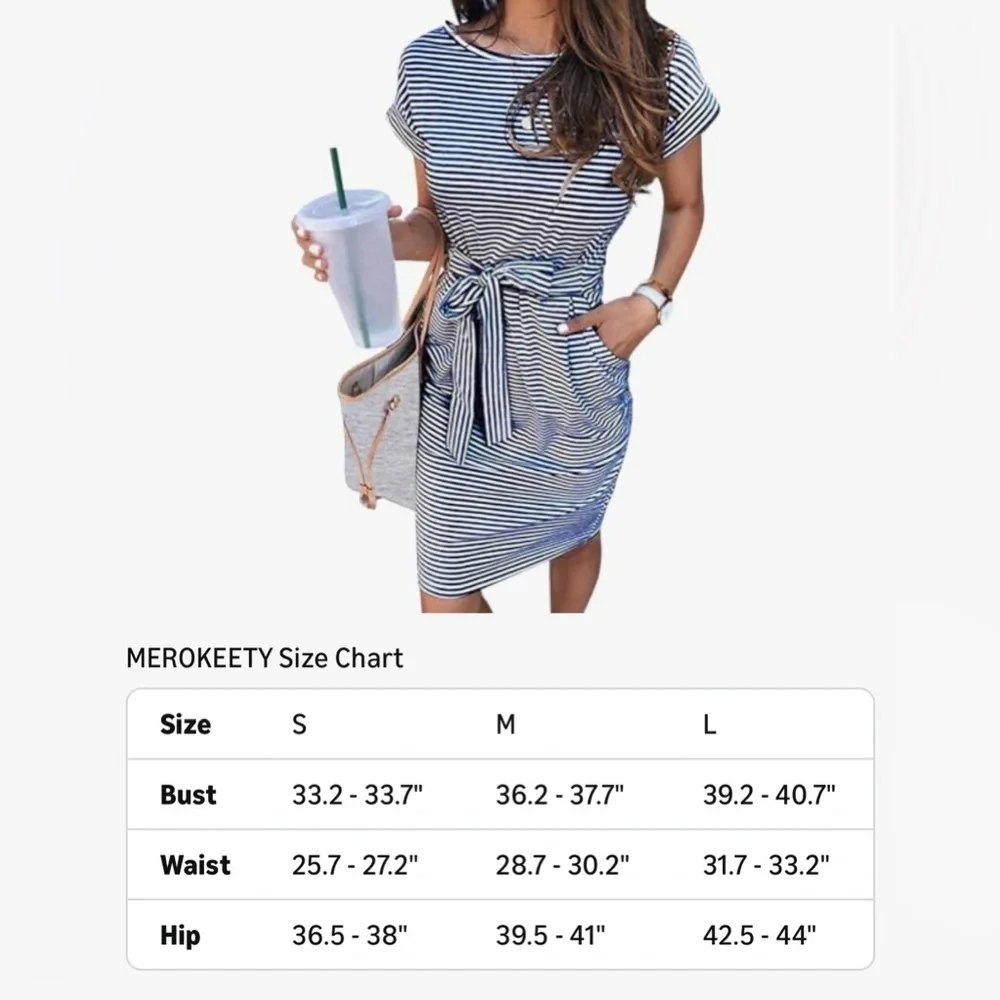 NWT Merokeety Blue White Striped Midi Dress Small Coastal Summer Vacation Dress - Picture 4 of 5
